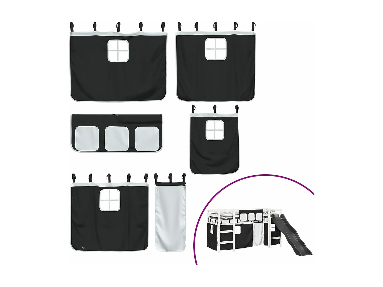 Lit mezzanine enfants et rideaux blanc/noir 90x200cm pin massif