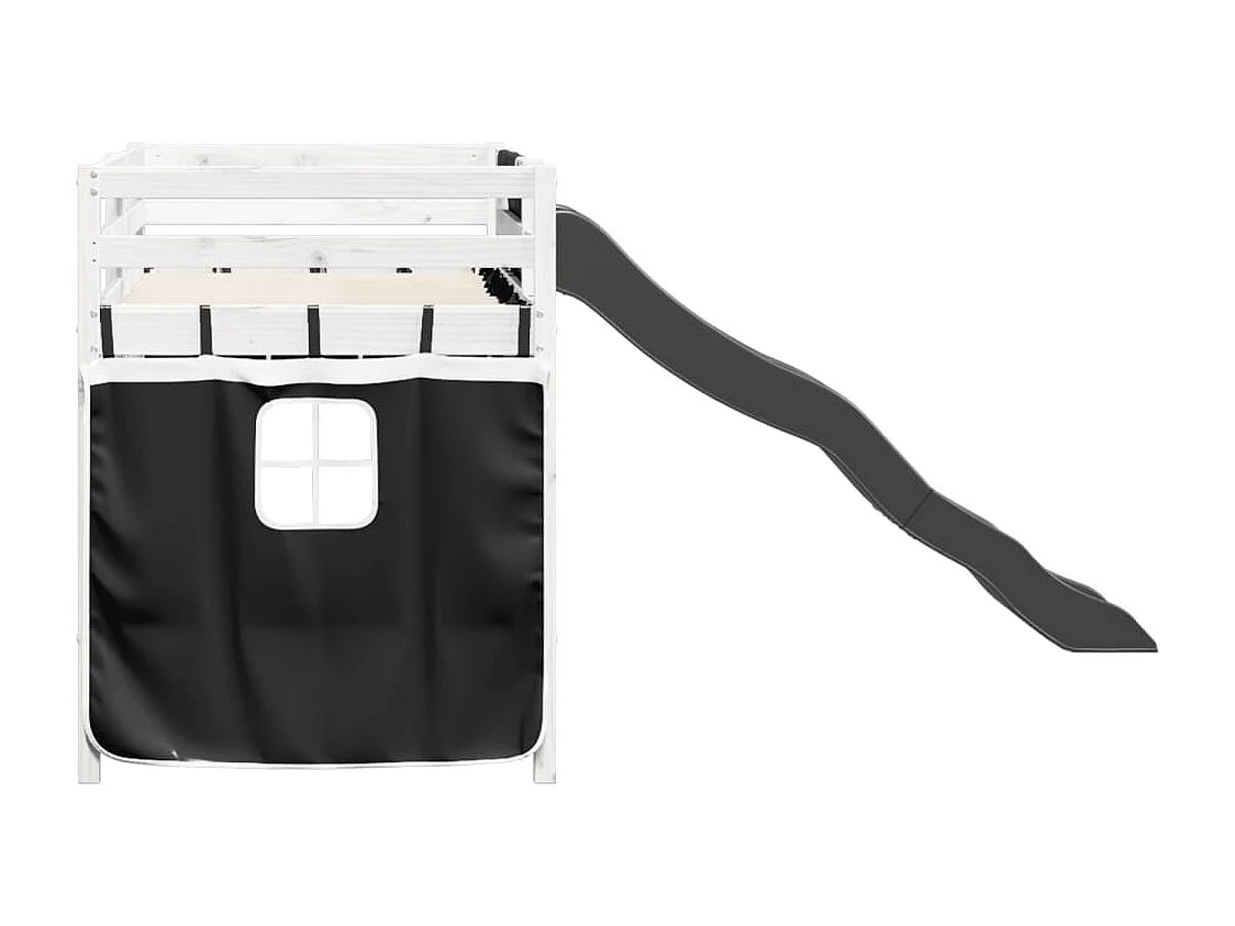Lit mezzanine enfants et rideaux blanc/noir 90x200cm pin massif