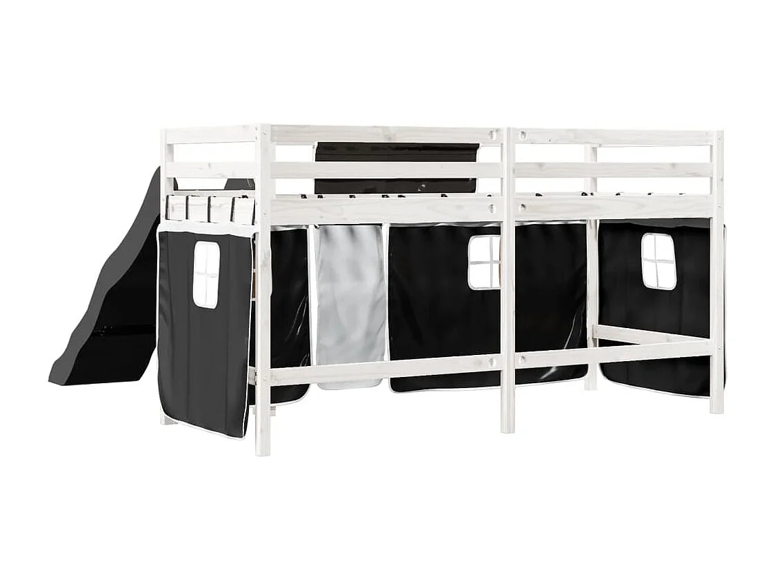 Lit mezzanine enfants et rideaux blanc/noir 90x200cm pin massif