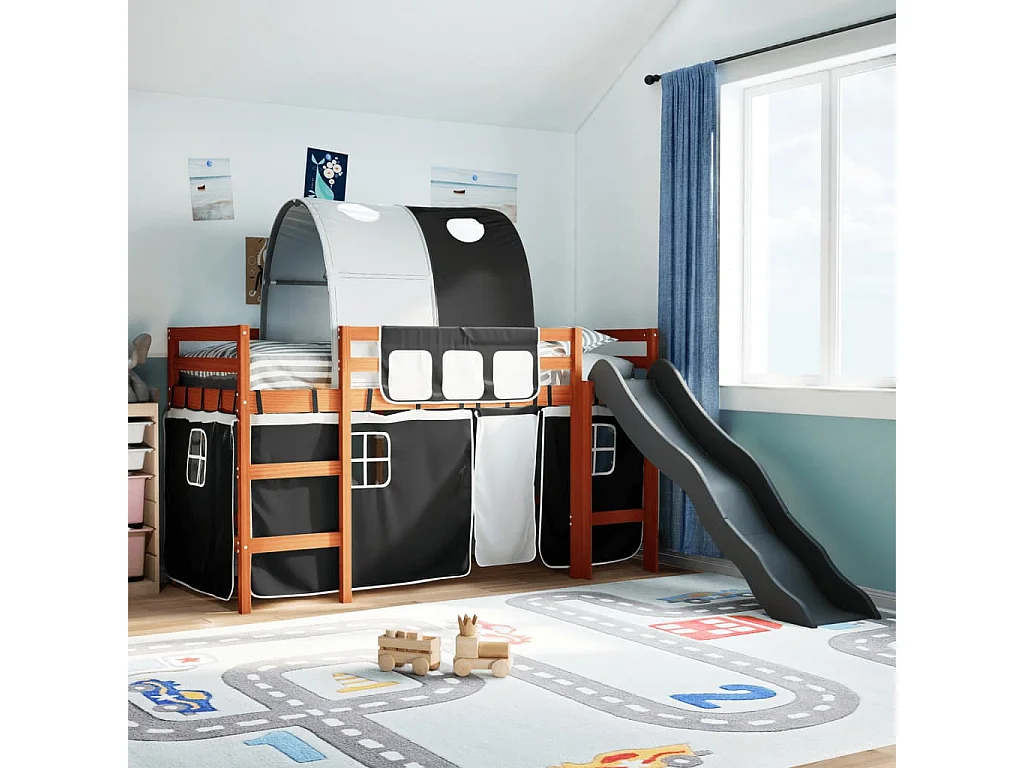 Lit mezzanine enfants et tunnel blanc/noir 90x200 cm pin massif