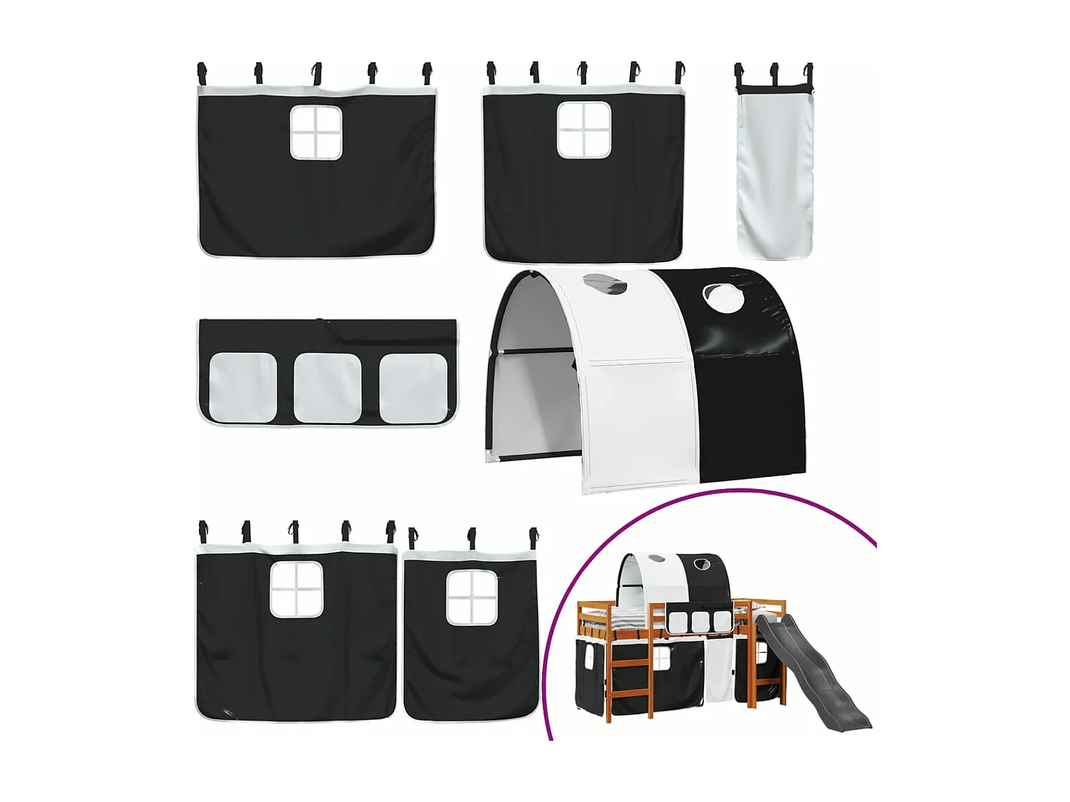 Lit mezzanine enfants et tunnel blanc/noir 90x200 cm pin massif