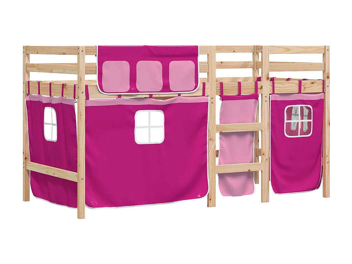 Letto a Soppalco con Tende Bambini Rosa 80x200 cm Massello Pino