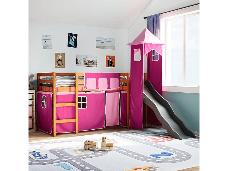 Lit mezzanine enfants avec tour rose 80x200cm bois pin massif