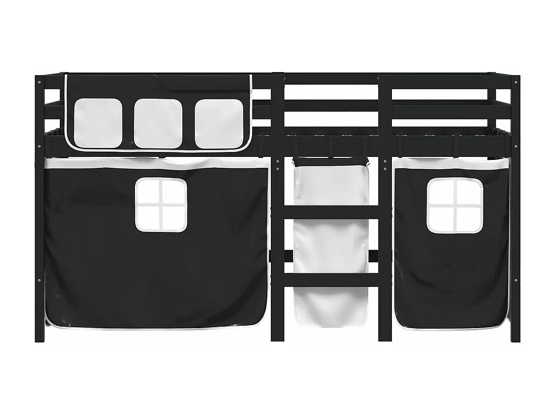 Kinderhoogslaper met gordijnen 90x190 cm grenenhout wit zwart