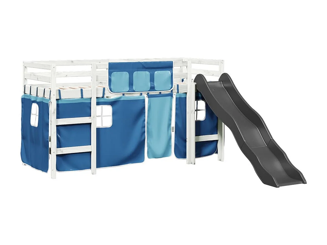 Lit mezzanine enfants et rideaux bleu 90x190cm bois pin massif