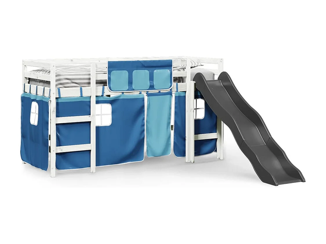 Lit mezzanine enfants et rideaux bleu 90x190cm bois pin massif