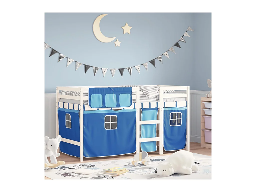 Letto a Soppalco con Tende Bambini Blu 80x200 cm Massello Pino