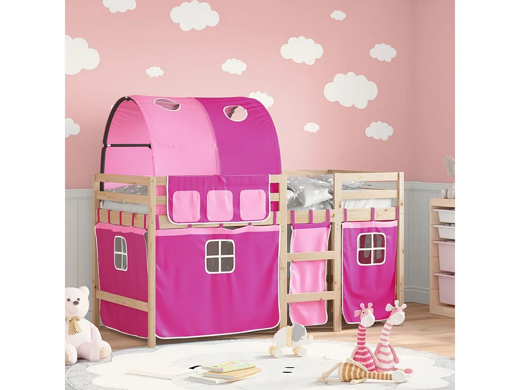 Lit mezzanine enfants avec tunnel sans matelas rose 90x200 cm