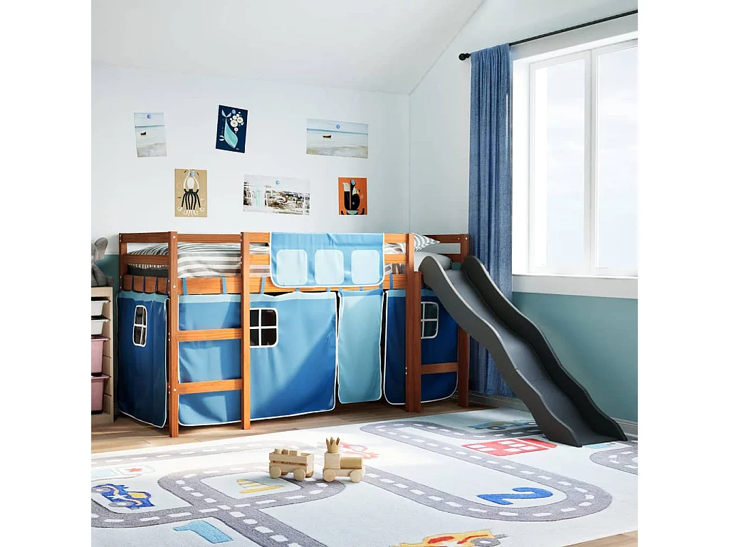 Lit mezzanine enfants et rideaux bleu 90x190cm bois pin massif