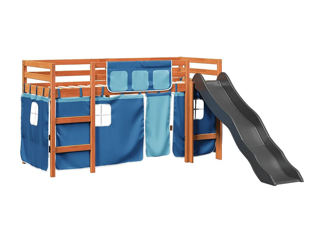 Lit mezzanine enfants et rideaux bleu 90x190cm bois pin massif