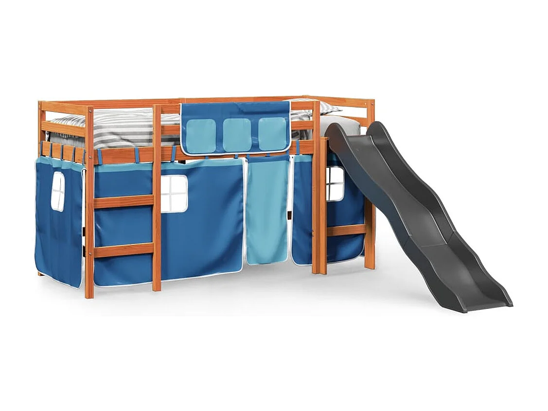Lit mezzanine enfants et rideaux bleu 90x190cm bois pin massif