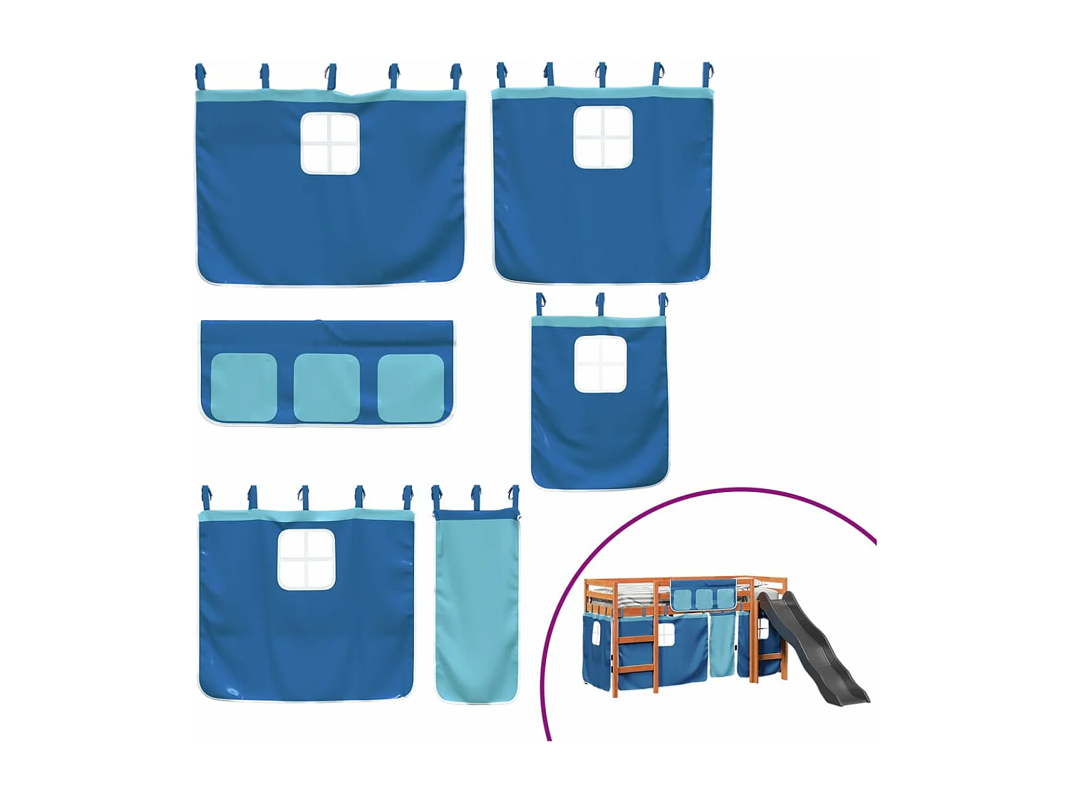 Lit mezzanine enfants et rideaux bleu 90x190cm bois pin massif