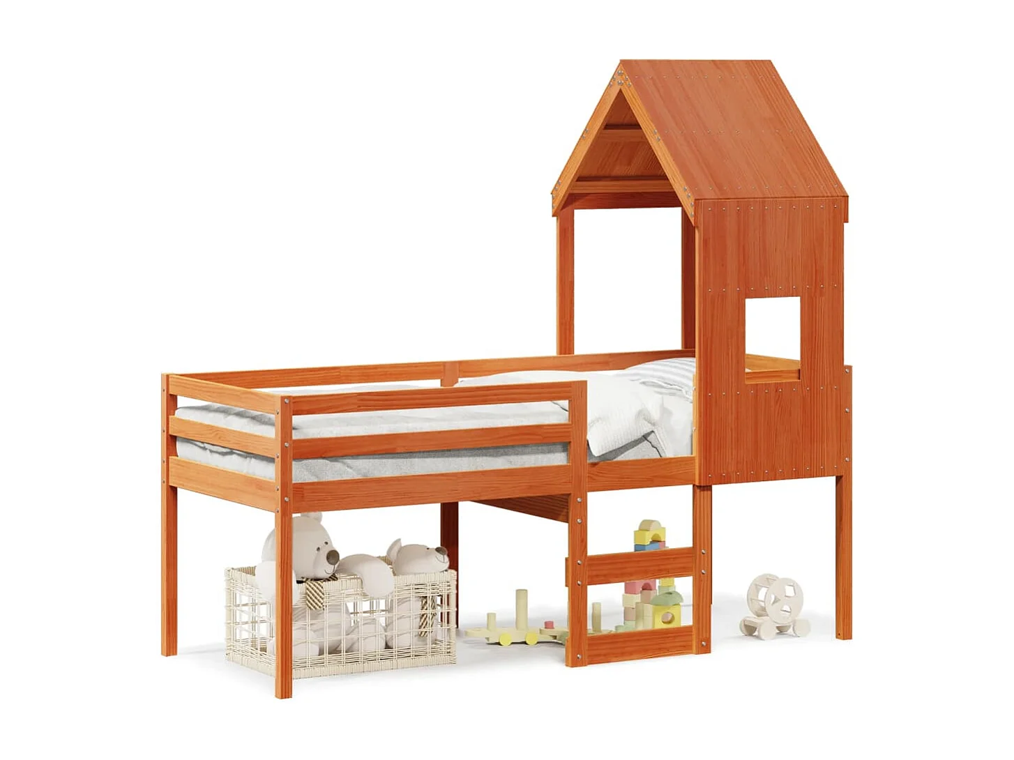 Hochbett mit Dach Wachsbraun 90x200 cm Massivholz Kiefer