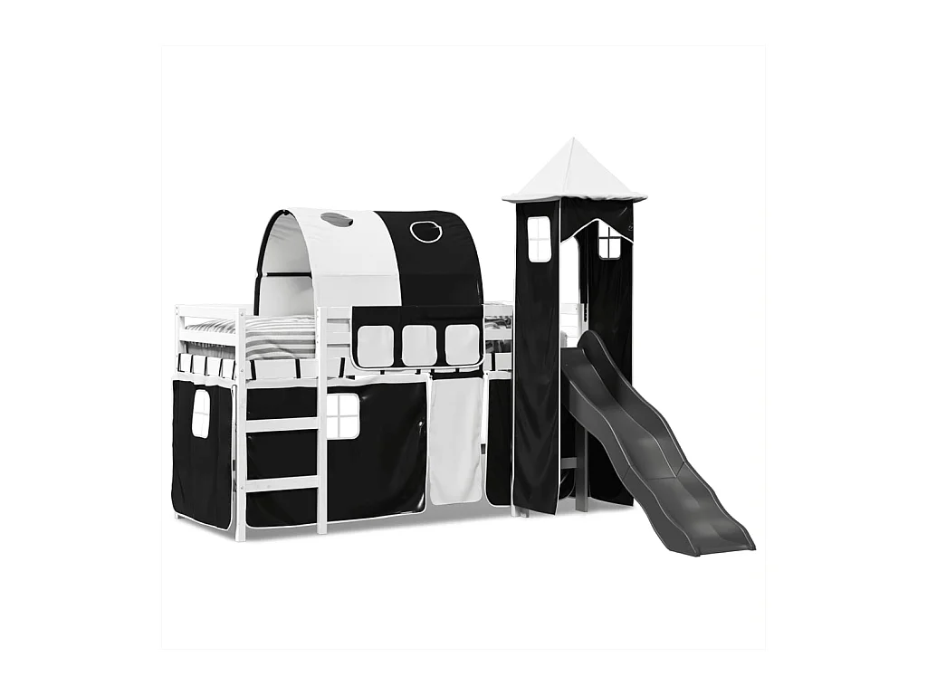 Letto a Soppalco con Torre Bambini Bianco e Nero 80x200cm Pino