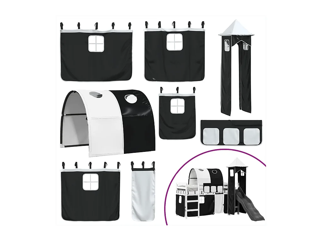 Letto a Soppalco con Torre Bambini Bianco e Nero 80x200cm Pino