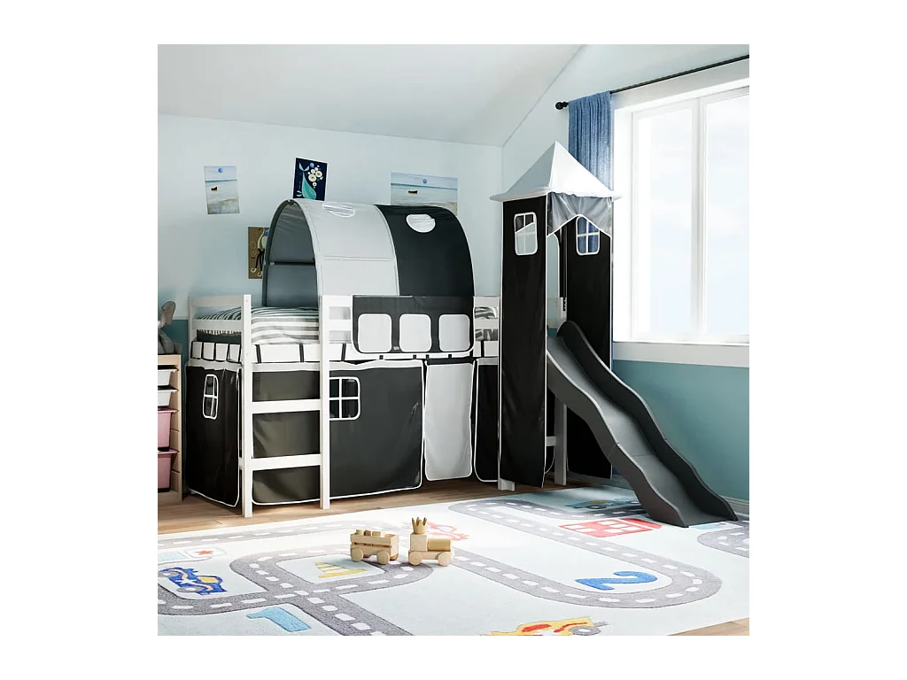 Letto a Soppalco con Torre Bambini Bianco e Nero 80x200cm Pino
