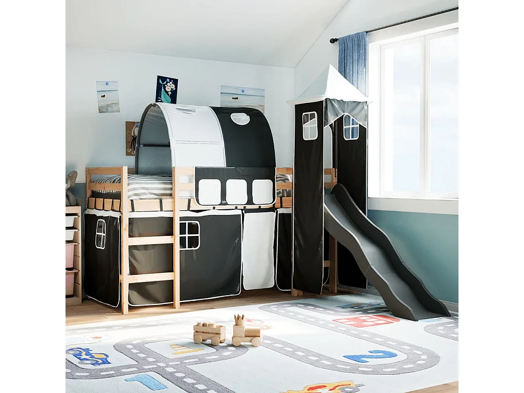 Kinderhochbett mit Turm Weiß & Schwarz 80x200 cm Kiefernholz