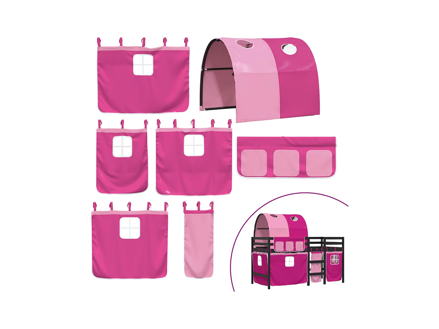 Letto a Soppalco con Tunnel Bambini Rosa 90x200cm Massello Pino