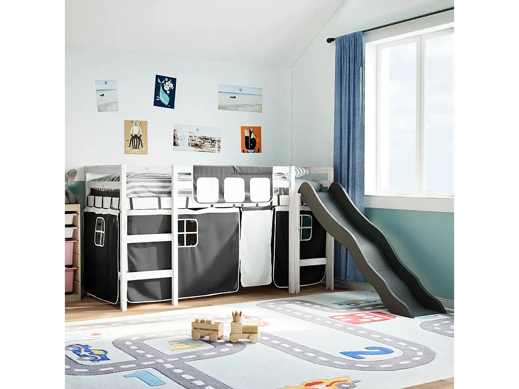 Lit mezzanine enfants et rideaux blanc/noir 80x200cm pin massif