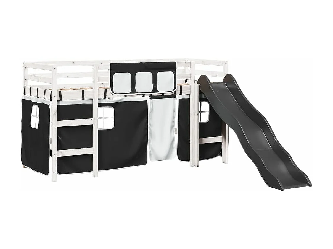Lit mezzanine enfants et rideaux blanc/noir 80x200cm pin massif