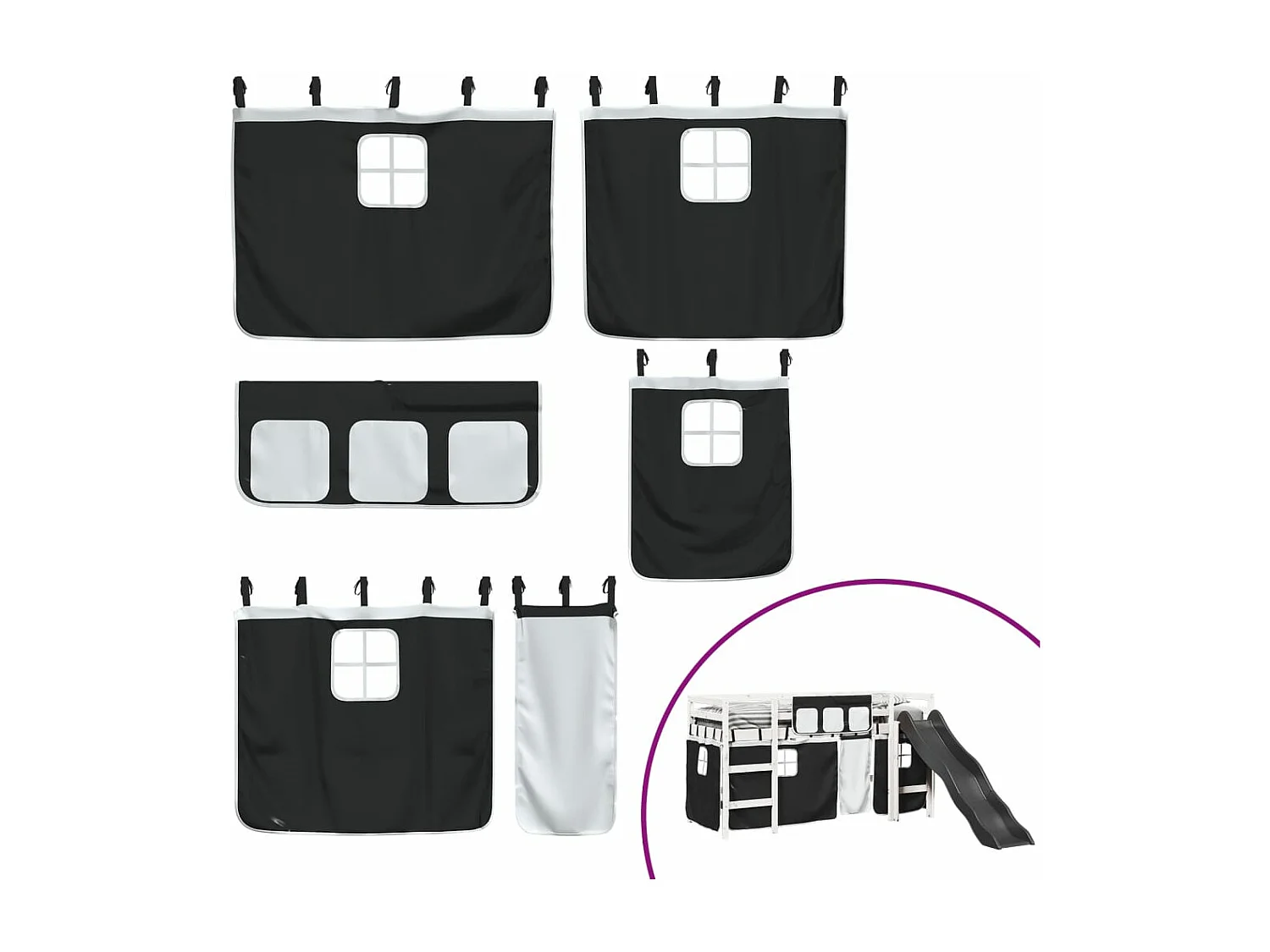 Lit mezzanine enfants et rideaux blanc/noir 80x200cm pin massif