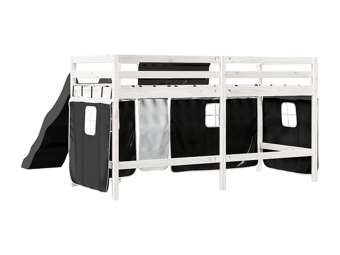 Lit mezzanine enfants et rideaux blanc/noir 80x200cm pin massif