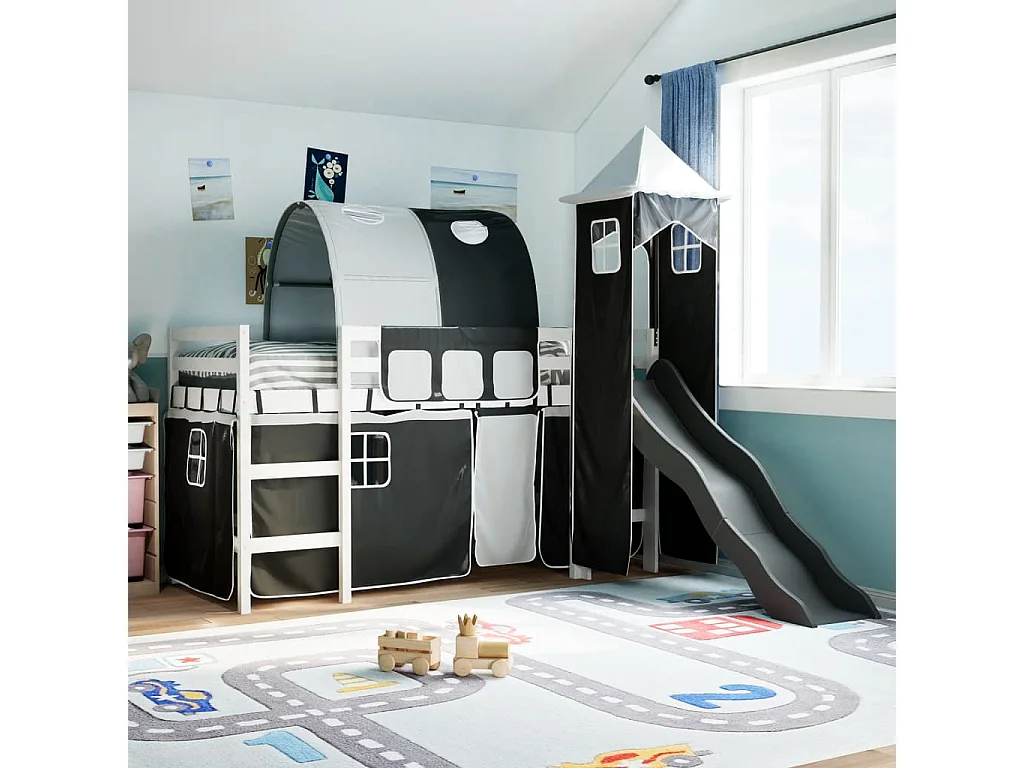 Lit mezzanine enfants et tour blanc/noir 90x200 cm pin massif