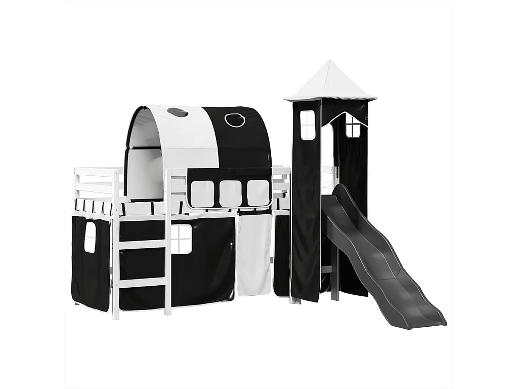 Lit mezzanine enfants et tour blanc/noir 90x200 cm pin massif