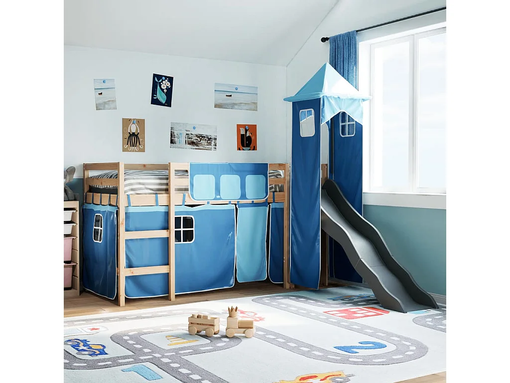 Kinderhochbett mit Turm Blau 80x200 cm Massivholz Kiefer
