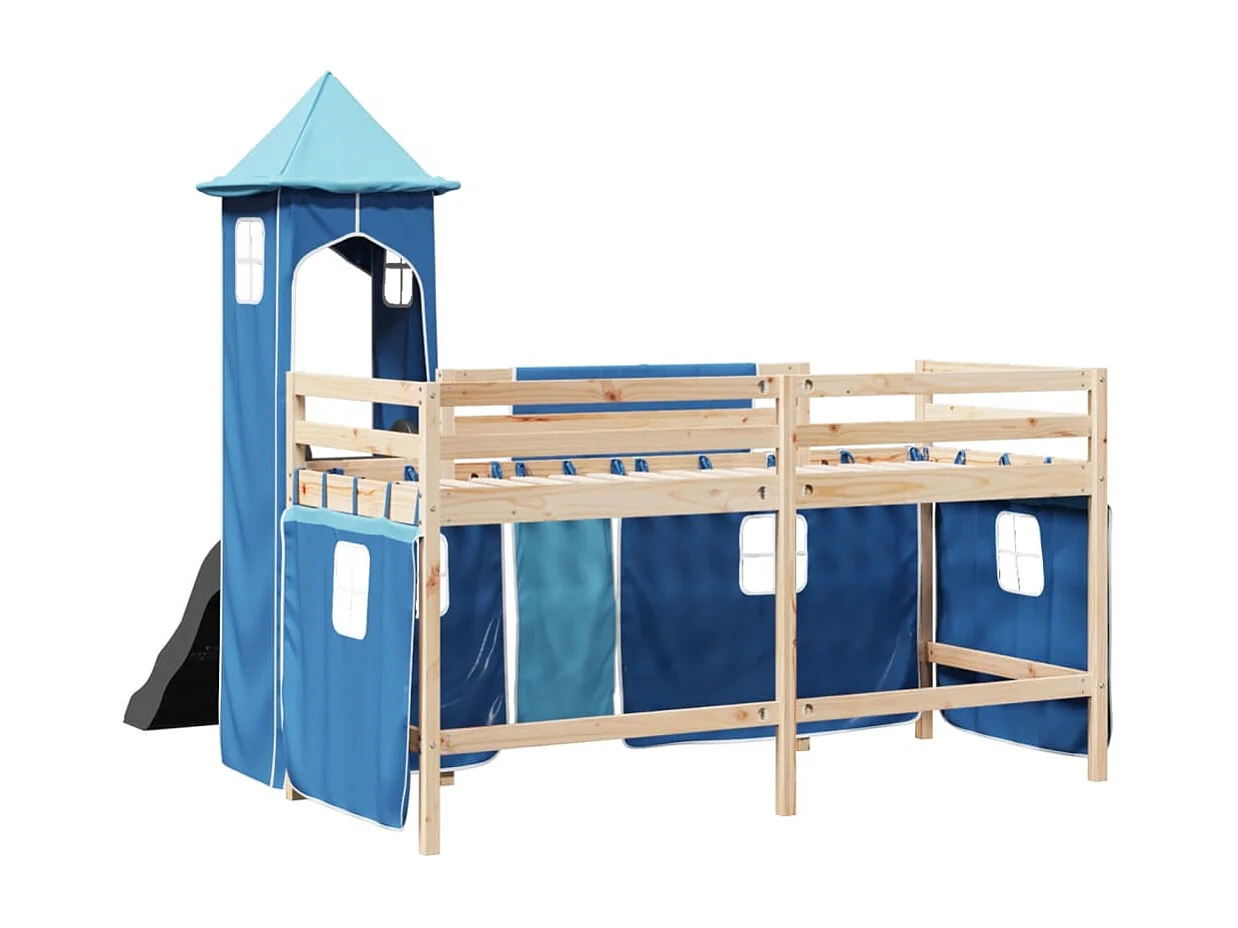 Kinderhochbett mit Turm Blau 80x200 cm Massivholz Kiefer