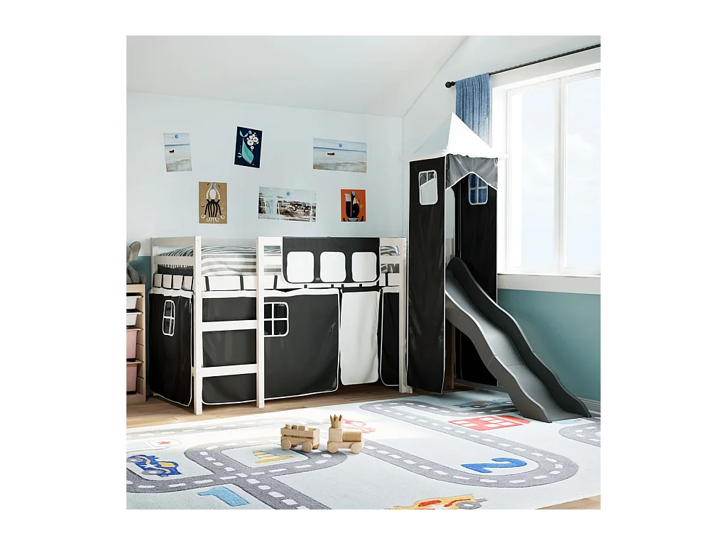Lit mezzanine enfants et tour blanc/noir 90x200 cm pin massif