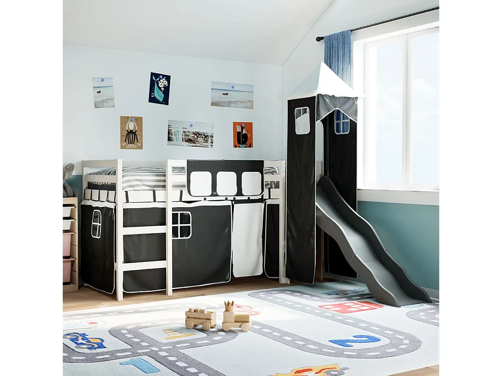 Lit mezzanine enfants et tour blanc/noir 90x200 cm pin massif
