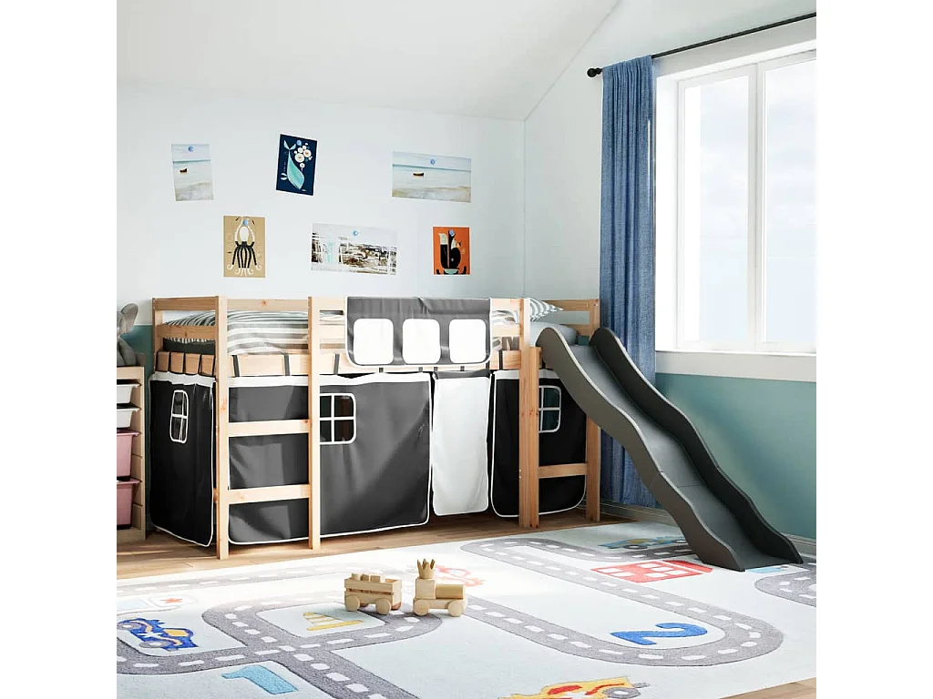 Lit mezzanine enfants et rideaux blanc/noir 90x190cm pin massif