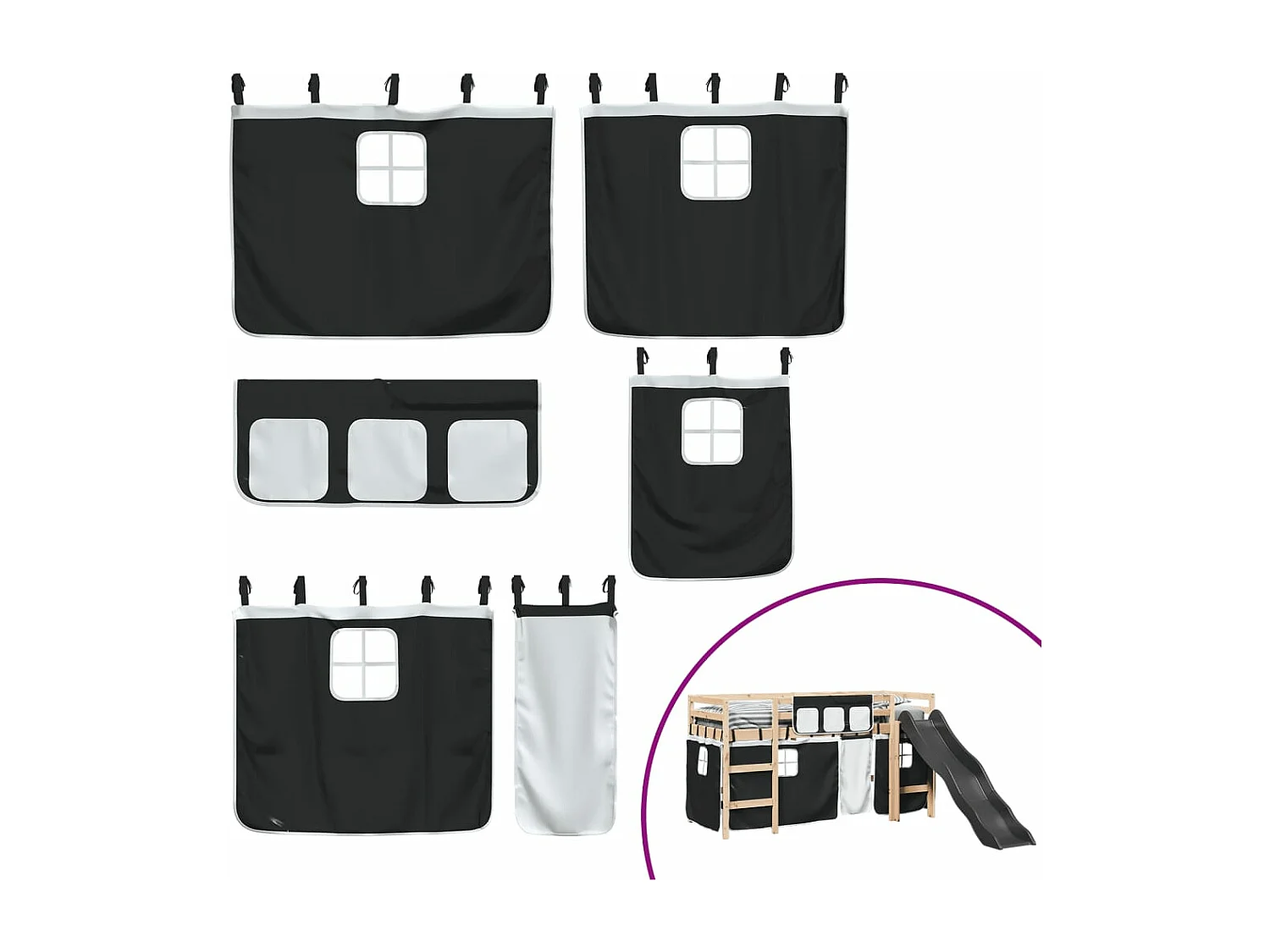 Lit mezzanine enfants et rideaux blanc/noir 90x190cm pin massif