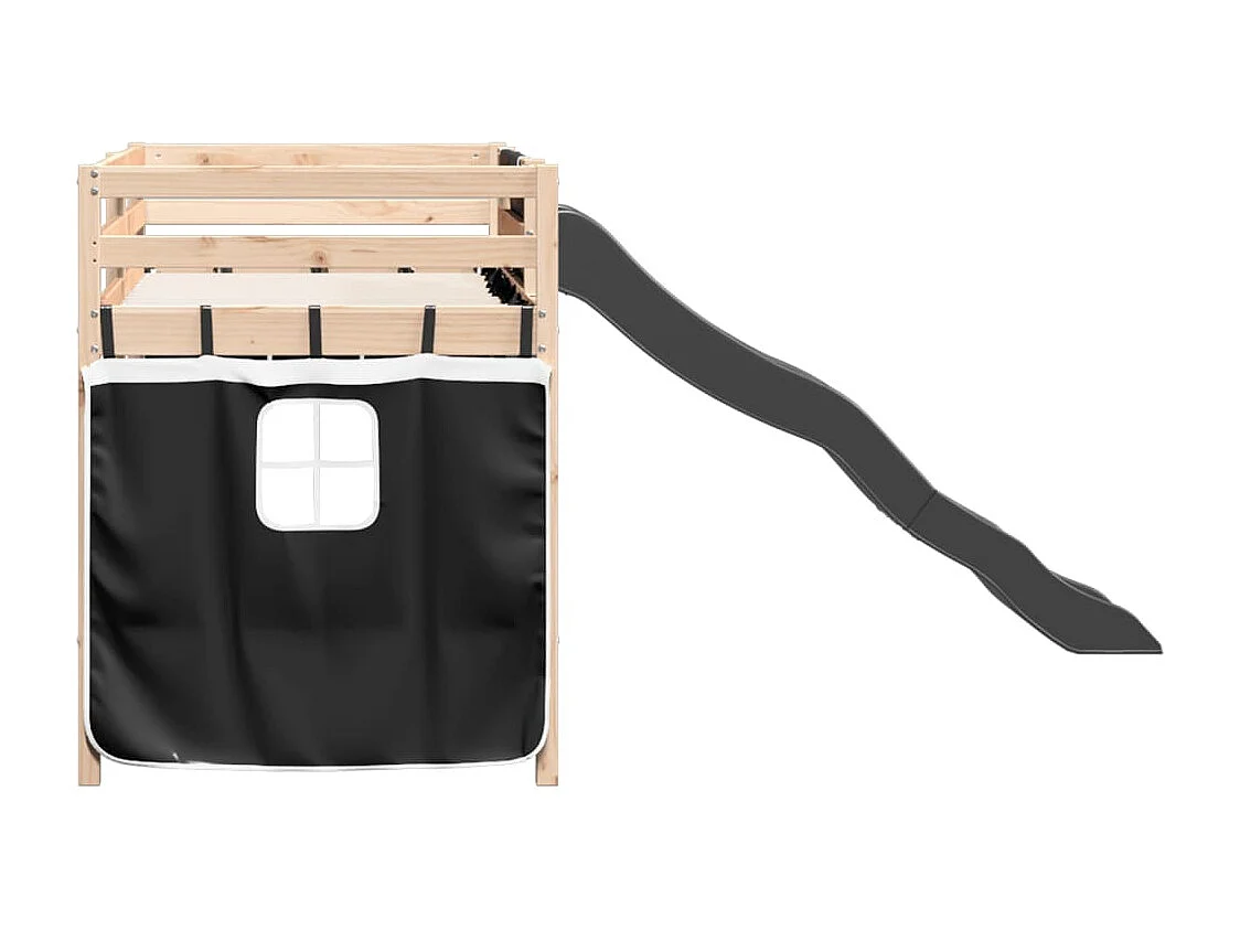 Lit mezzanine enfants et rideaux blanc/noir 90x190cm pin massif