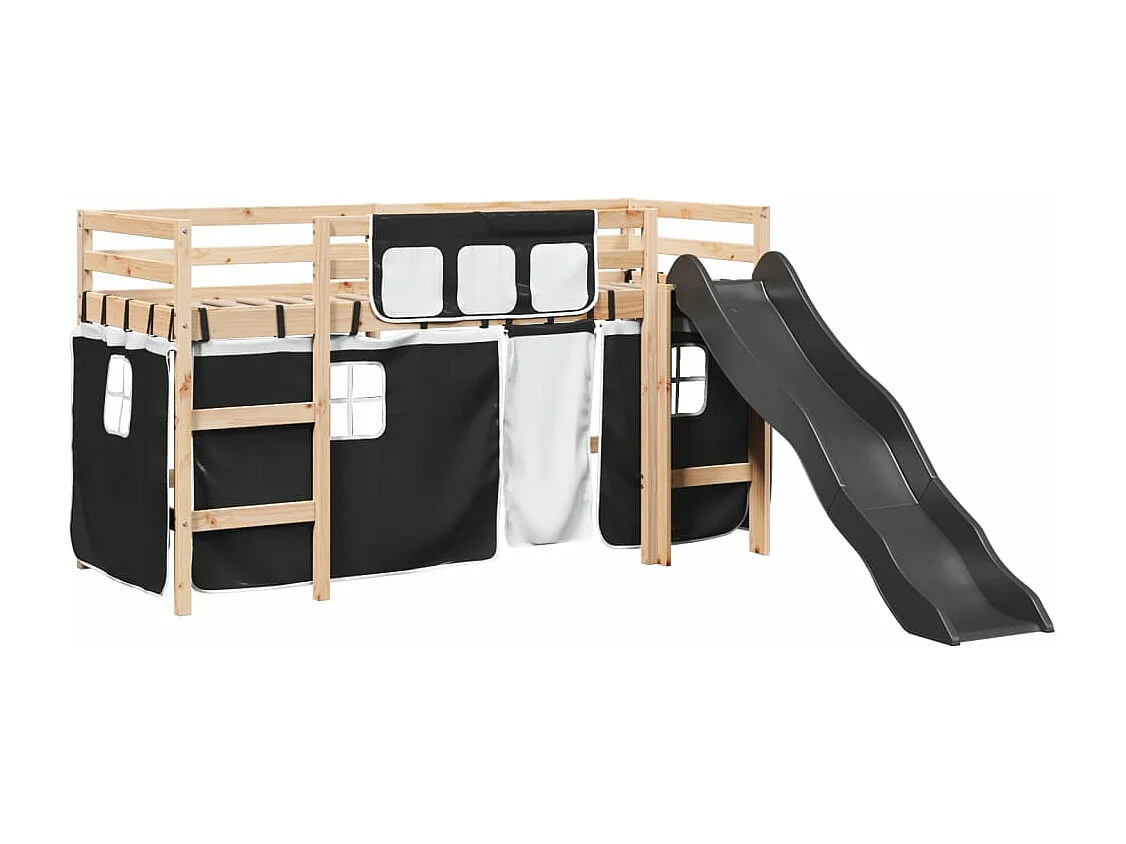 Lit mezzanine enfants et rideaux blanc/noir 90x190cm pin massif