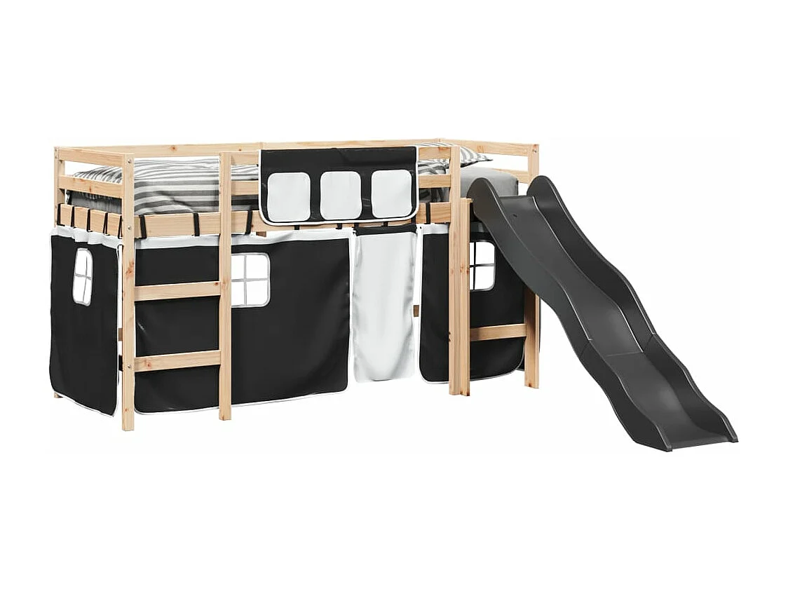 Lit mezzanine enfants et rideaux blanc/noir 90x190cm pin massif