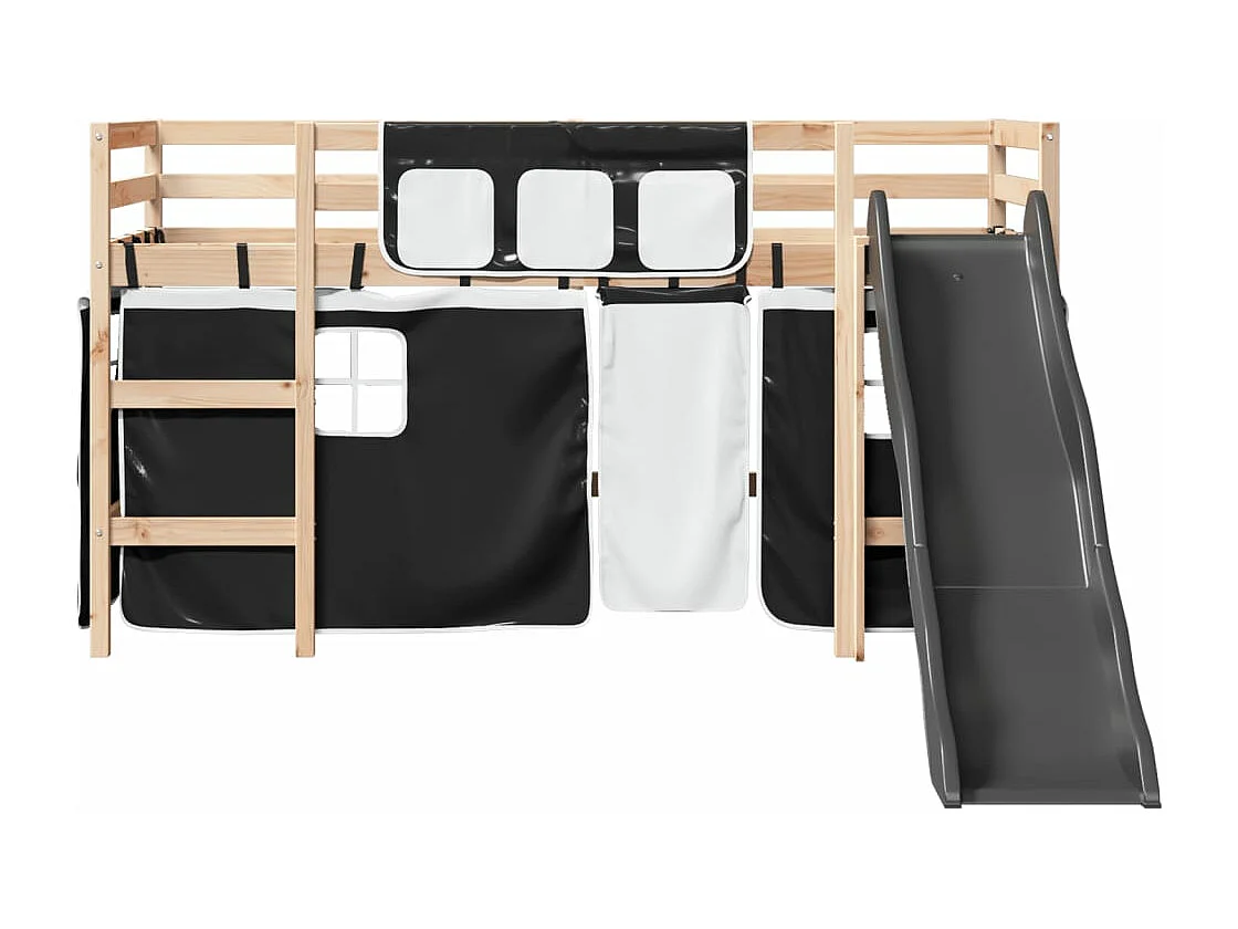 Lit mezzanine enfants et rideaux blanc/noir 90x190cm pin massif