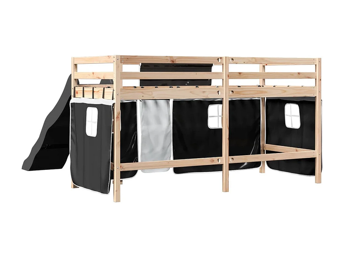 Lit mezzanine enfants et rideaux blanc/noir 90x190cm pin massif