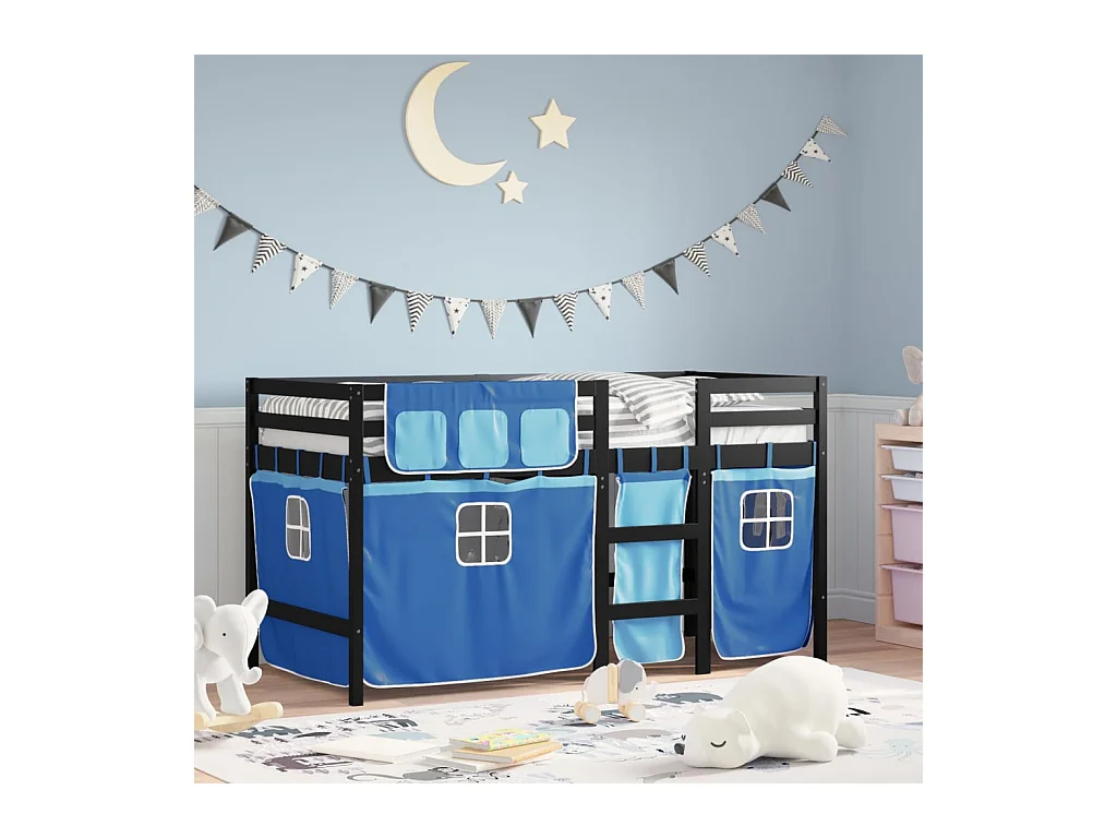 Letto a Soppalco con Tende Bambini Blu 80x200 cm Massello Pino