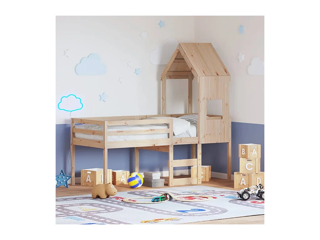 Hochbett mit Dach 75x190 cm Massivholz Kiefer