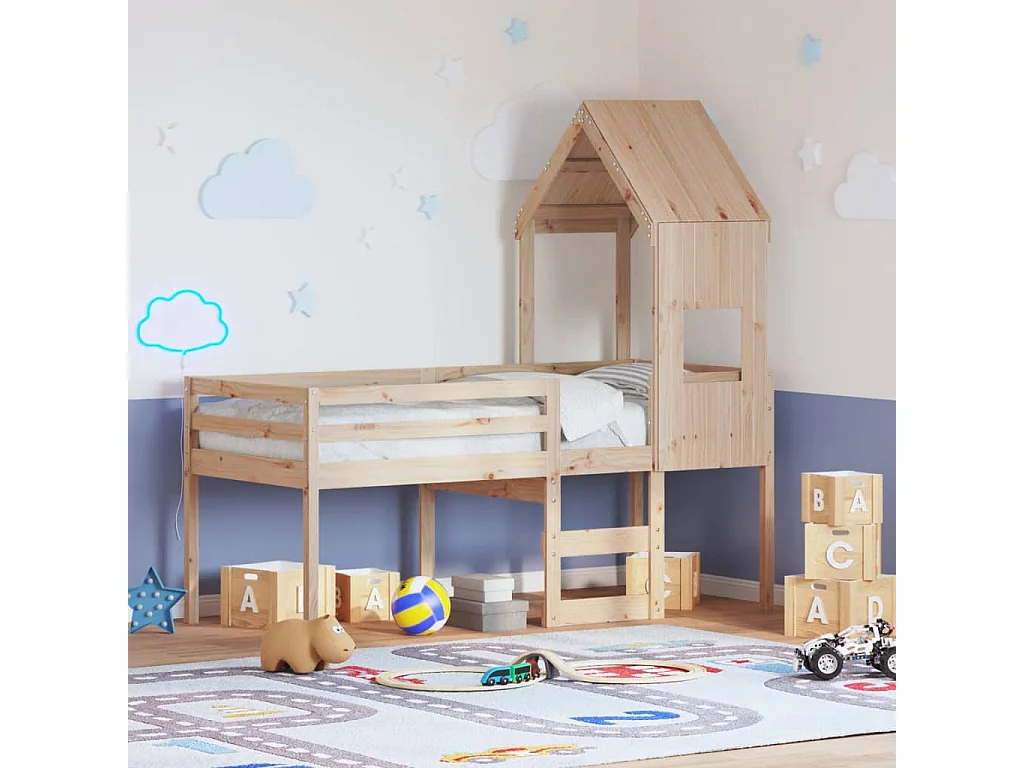 Hochbett mit Dach 75x190 cm Massivholz Kiefer