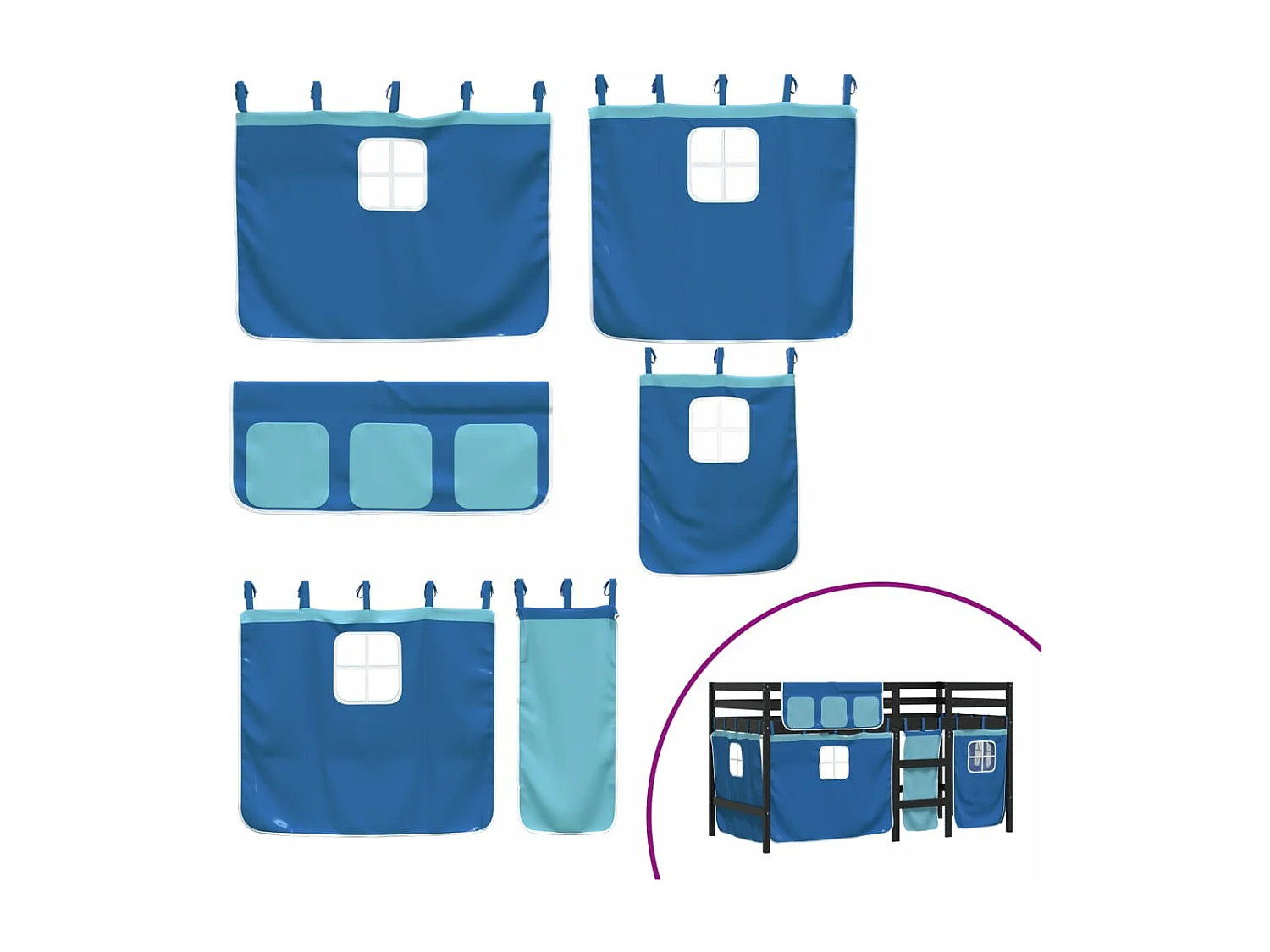 Letto a Soppalco con Tende Bambini Blu 90x200 cm Massello Pino