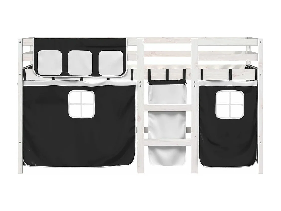 Kinderhoogslaper met gordijnen 90x190 cm grenenhout wit zwart