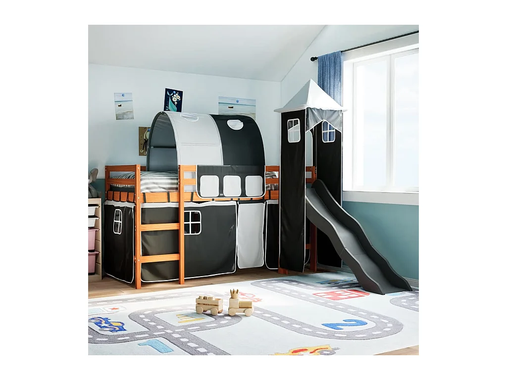 Kinderhochbett mit Turm Weiß & Schwarz 80x200 cm Kiefernholz