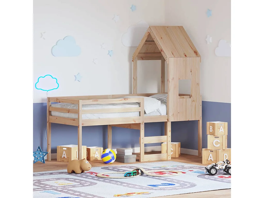 Cama alta com telhado 90x200 cm pinho maciço