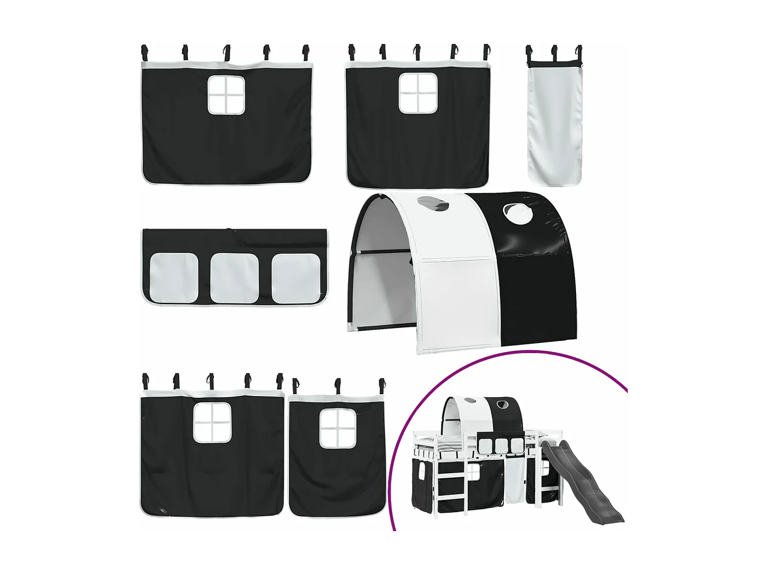 Lit mezzanine enfants et tunnel blanc/noir 90x200 cm pin massif