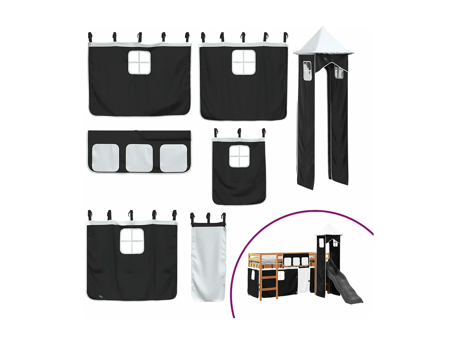 Lit mezzanine enfants avec tour blanc/noir 90x190 cm pin massif