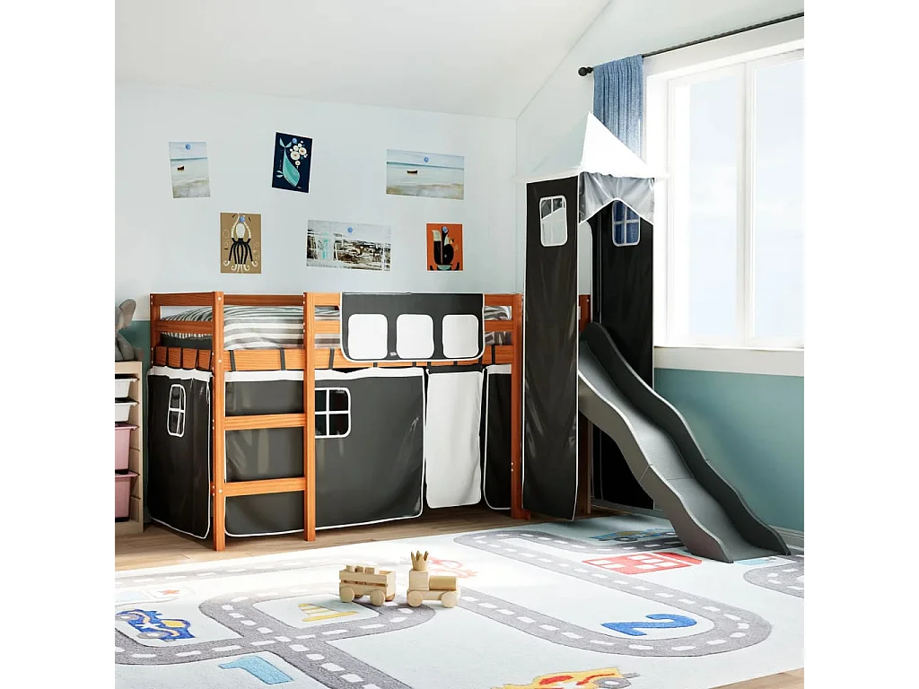 Lit mezzanine enfants avec tour blanc/noir 90x190 cm pin massif