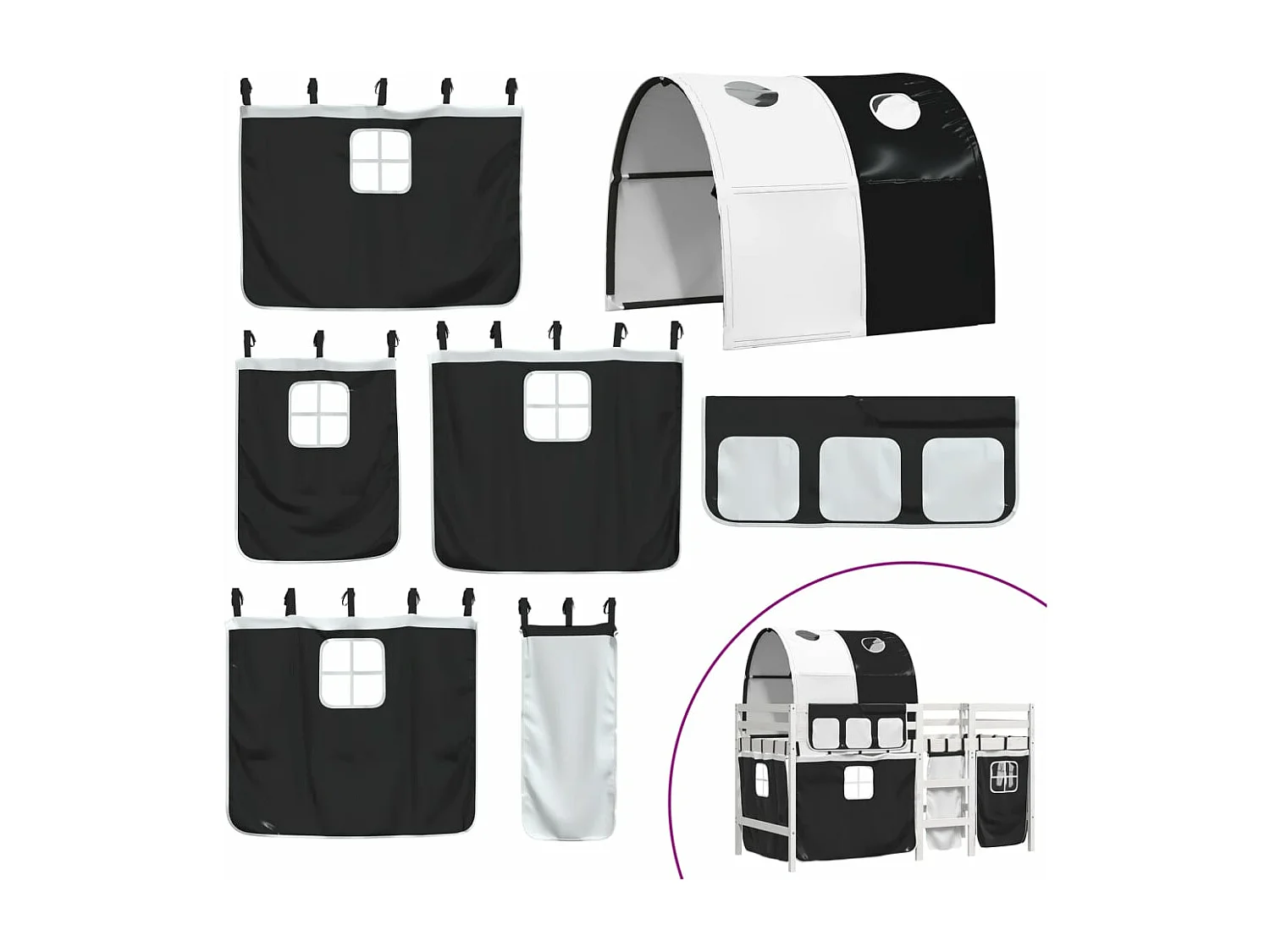 Kinderhoogslaper met tunnel 90x190 cm grenenhout wit en zwart